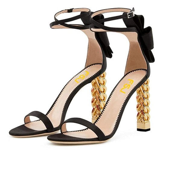 A FSJ Black Bows Gold Metal Chain Chunky High Heels Ankle Strap Sandals - Picture 1 of 10